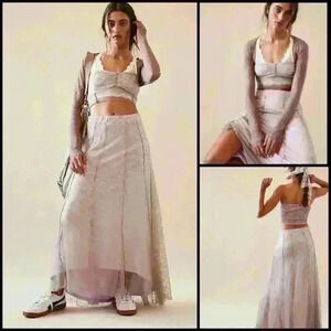 Free People Shape Up Your Set Boho Lace Sandy Pink Combo Fairy Maxi Skirt Size S